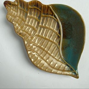 Shell Plate Drip Glaze Pottery Trinket Dish Aqua Blue Beige Ceramic EUC vintage